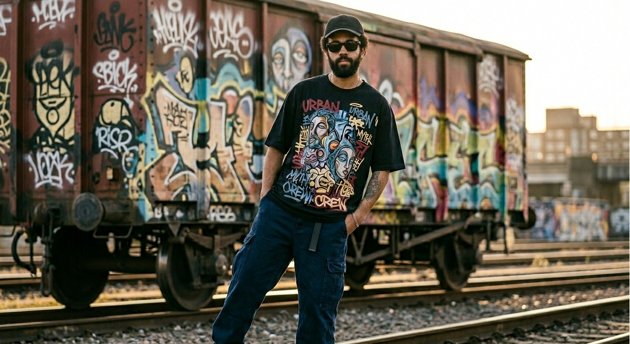 Man standing on train tracks with graffiti-covered train cars in the background