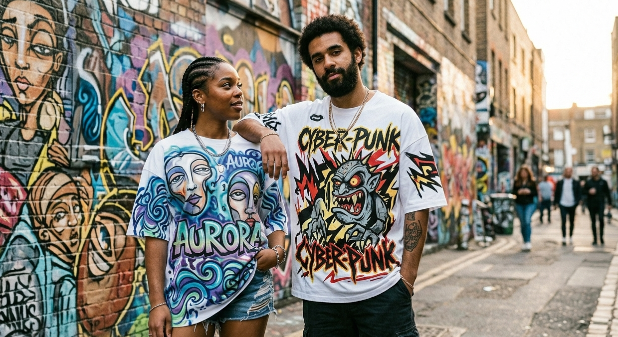 Two people wearing colorful graphic t-shirts standing in front of a graffiti-covered wall.